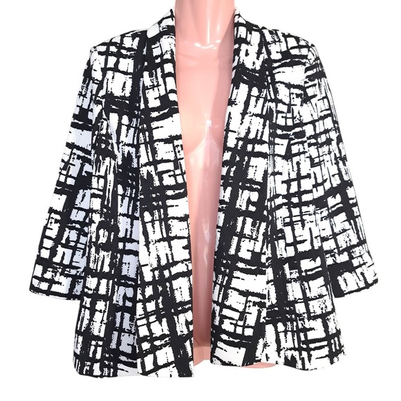 Kasper Women's Blazer/Jacket Size 14 White & Black Open Front 3/4 Sleeve Fashion - Picture 1 of 10